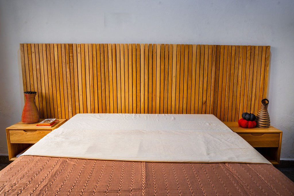 Wide Slatted-Headboard Bed